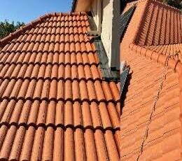 Before and after comparison of a terracotta tile roof pressure wash in Sydney